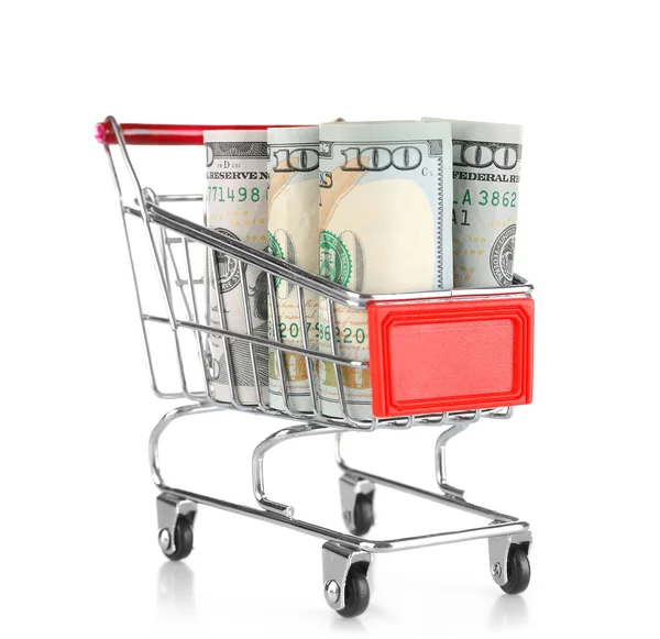 Carrinho de compras com dólares dentro — Fotografia de Stock