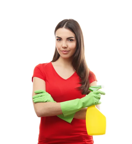 Mujer joven sosteniendo spray detergente — Foto de Stock