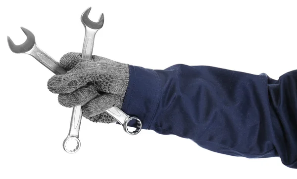 Hand Repairman Holding Wrenches White Background Close — Stock Photo, Image