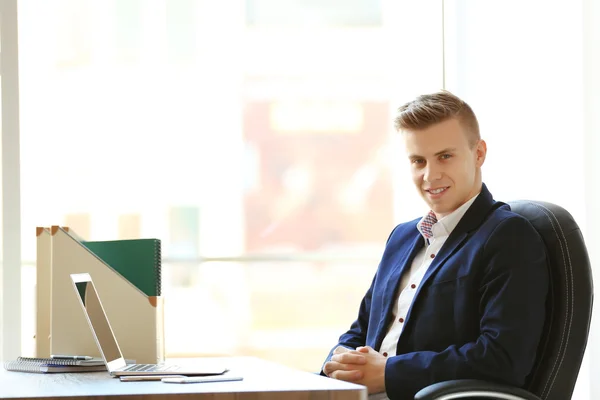 Man Laptop Sitting Table Office Window — Stock Photo, Image