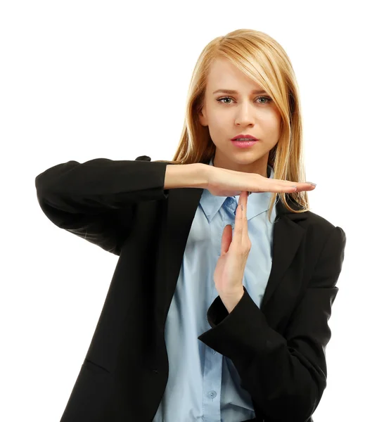 Stressato Donna Affari Prende Una Pausa Isolato Bianco — Foto Stock