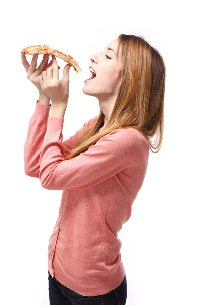 Kvinna och varm pizza — Stockfoto