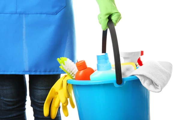 Woman holding cleaning tools — Stock Photo, Image