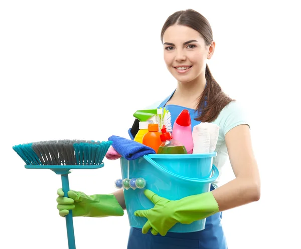 Mulher segurando ferramentas de limpeza — Fotografia de Stock