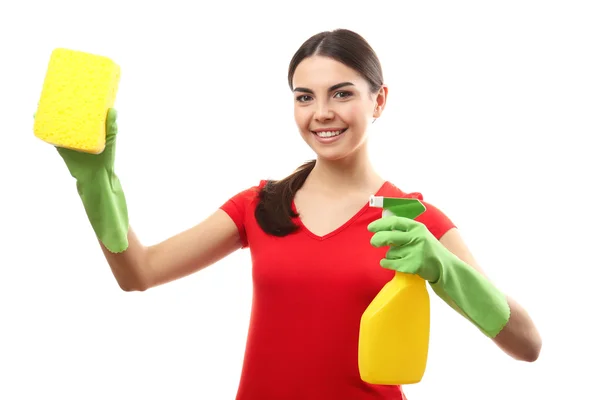 Woman holding sponge and detergent spray — Stock Photo, Image