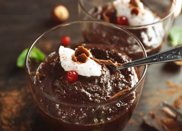 Glass cup of chocolate dessert — Stock Photo, Image