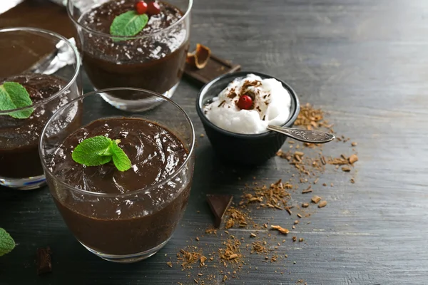 Glass cups of chocolate dessert