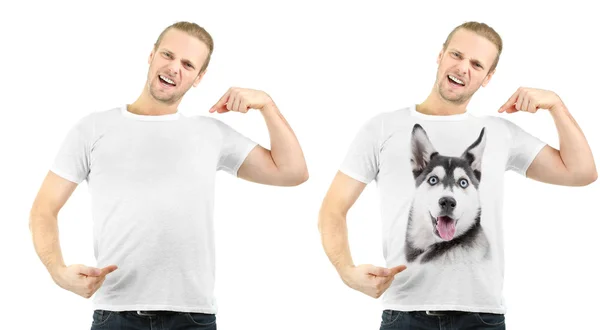 Homme en t-shirt avec imprimé de chien — Photo