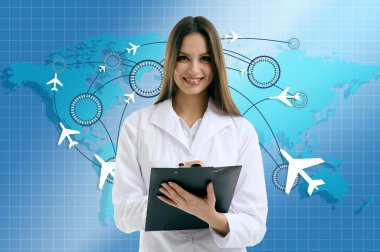 Sanal arka plan üzerinde genç doktor. Medikal turizm kavramı
