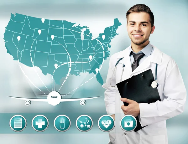 Icone del medico e della medicina maschile sullo schermo virtuale . — Foto Stock