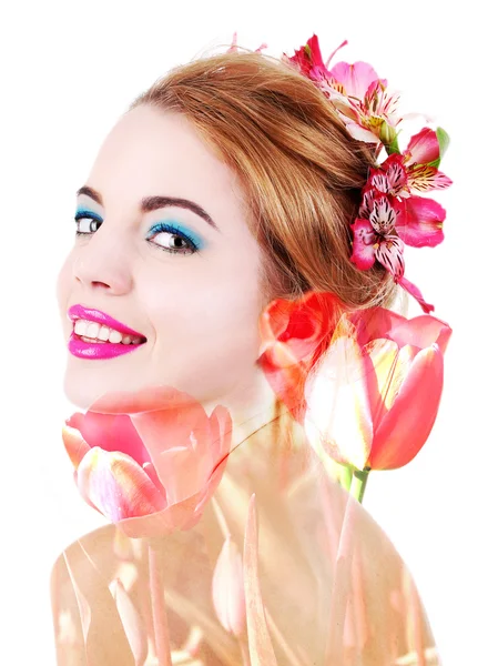 Mode Dame Portret Met Florale Achtergrond — Stockfoto