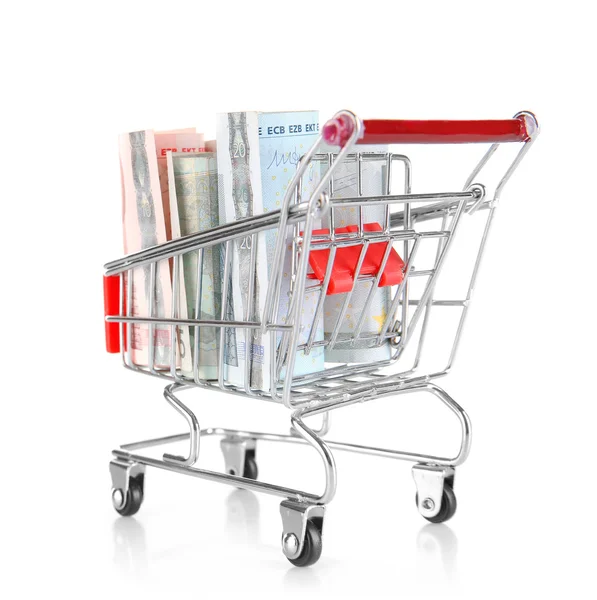 Small shopping trolley with euros banknotes — Stock Photo, Image