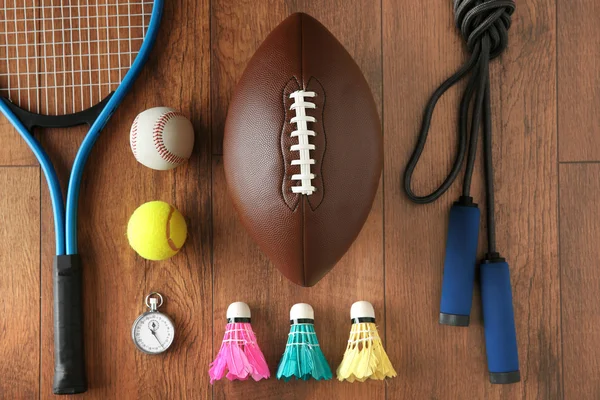 Sport equipment on wooden — Stock Photo, Image