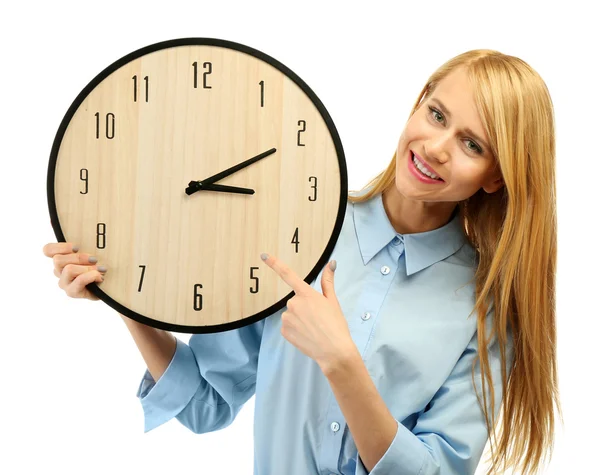 Woman holds a clock Royalty Free Stock Images