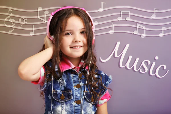 Beautiful Little Girl Headphones Listening Music Color Background — Stock Photo, Image