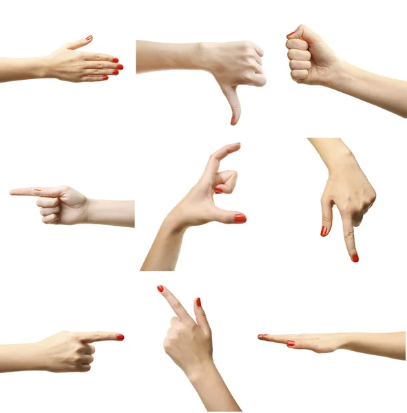 Conjunto de gestos de mãos femininas, isolados em branco — Fotografia de Stock