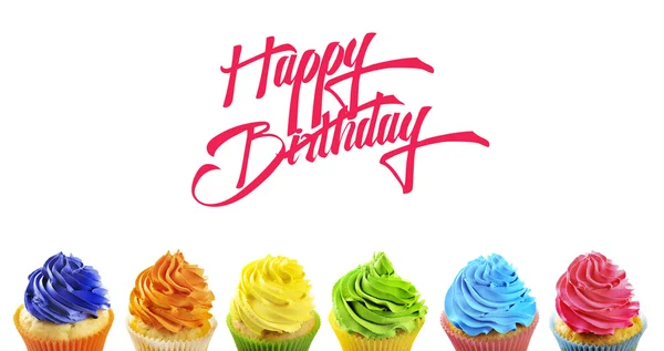 Birthday cupcakes with greeting sign — Stock Photo, Image