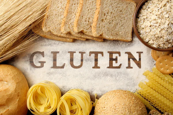 Słowo Gluten i mąki produktów — Zdjęcie stockowe