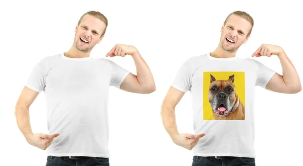 Uomo in t-shirt con stampa di cane — Foto Stock