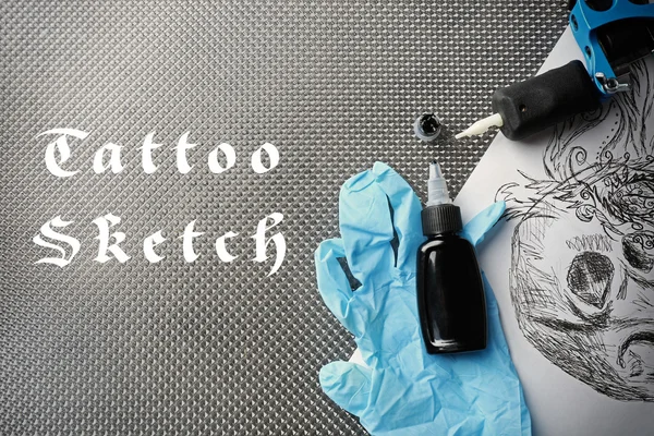 Tetování stroj, Skica a tattoo potřeb — Stock fotografie