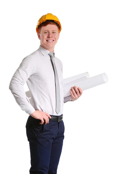 Jonge Mannelijke Bouw Ingenieur Geïsoleerd Wit — Stockfoto