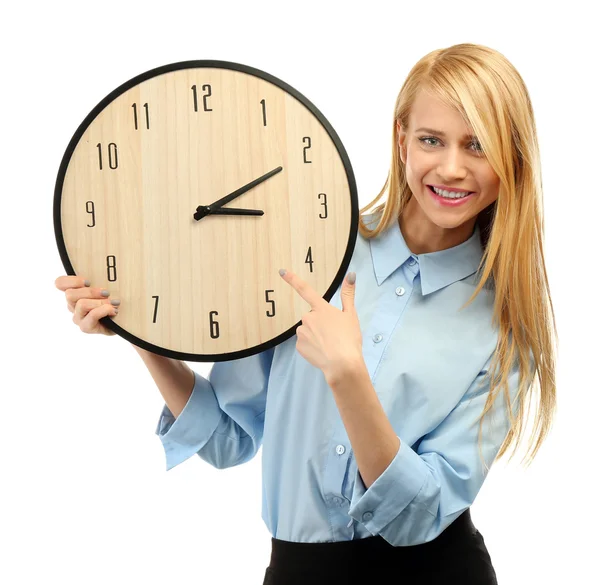 Woman holds a clock — Stock Photo, Image