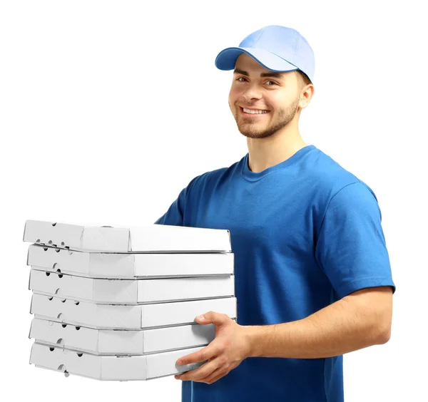 Genç adam holding pizza — Stok fotoğraf