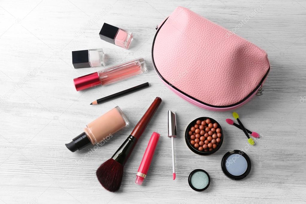 Makeup Set With Beautician Stock Photo Belchonock 110432822 Makeup Set With Beautician Brush And Cosmetics On White Wooden Background Photo By Belchonock