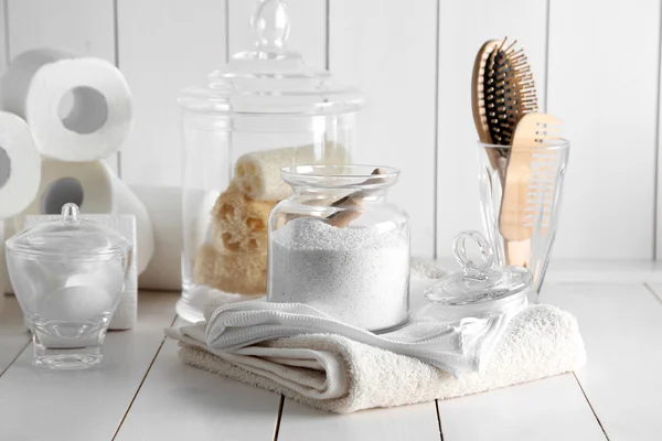 Bath accessories on white wall — Stock Photo, Image