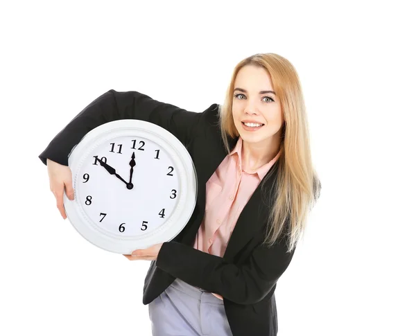 Menina bonita segurando relógio — Fotografia de Stock