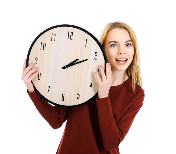 Beautiful young girl holding clock — Stock Photo, Image