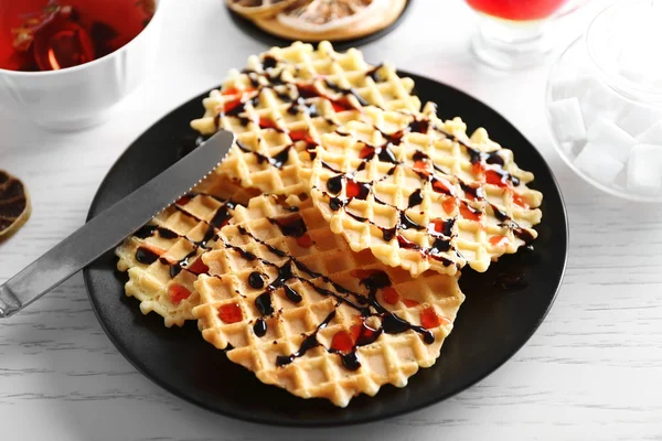 Plate of waffles with chocolate — Stock Photo, Image
