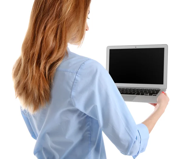 Mulher de camisa azul usando laptop — Fotografia de Stock