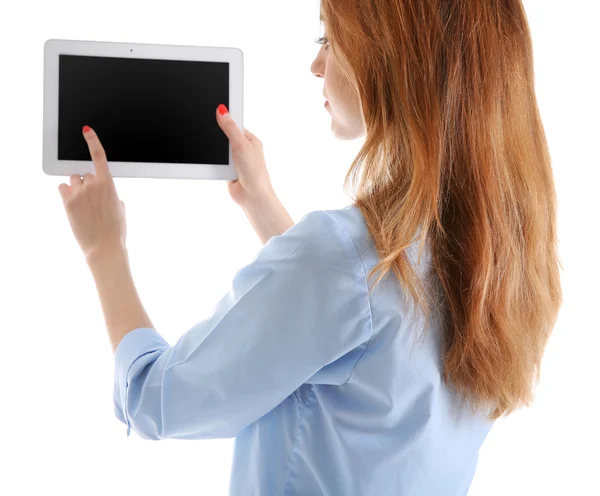 Woman in blue shirt using tablet — Stock Photo, Image