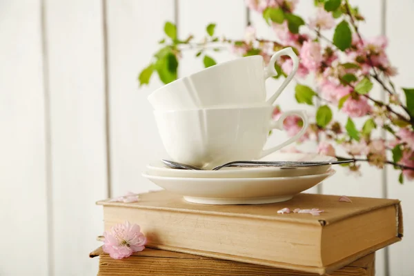 Porcelain cups with books — Stock Photo, Image