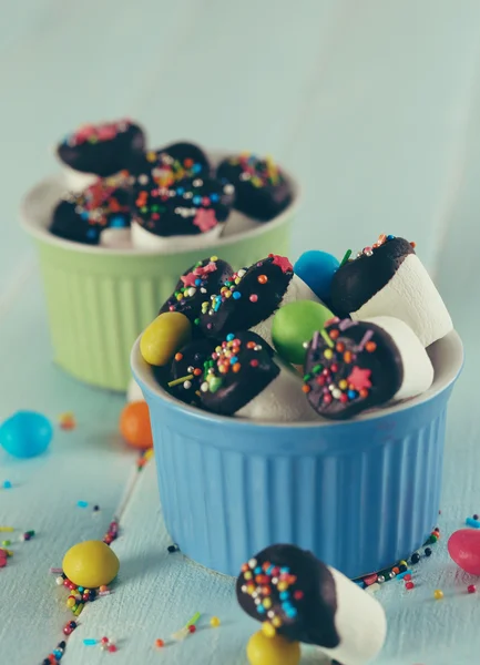 Tasty marshmallows with chocolate — Stock Photo, Image