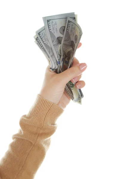 Ženská ruka s penězi, samostatný — Stock fotografie