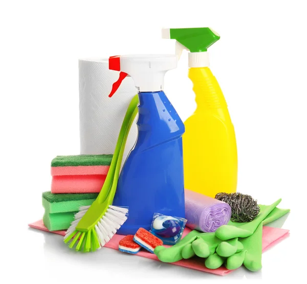 Set di pulizia con utensili e prodotti — Foto Stock