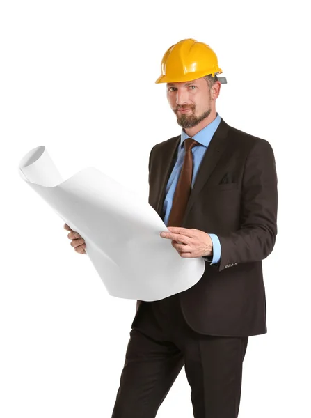 Engenheiro Construção Masculino Isolado Branco — Fotografia de Stock