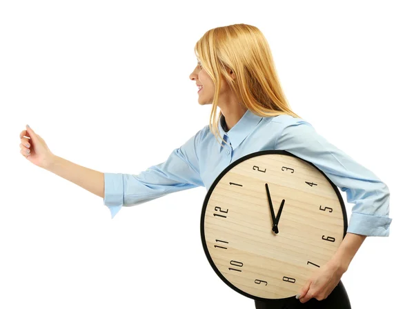 Woman holds a clock Stock Picture