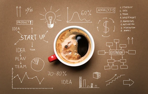 Kaffe och ritning affärsstrategi — Stockfoto