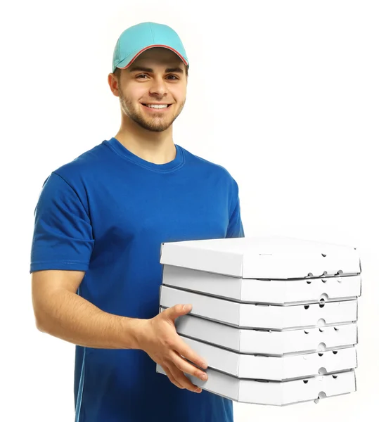 Jovem segurando pizza — Fotografia de Stock