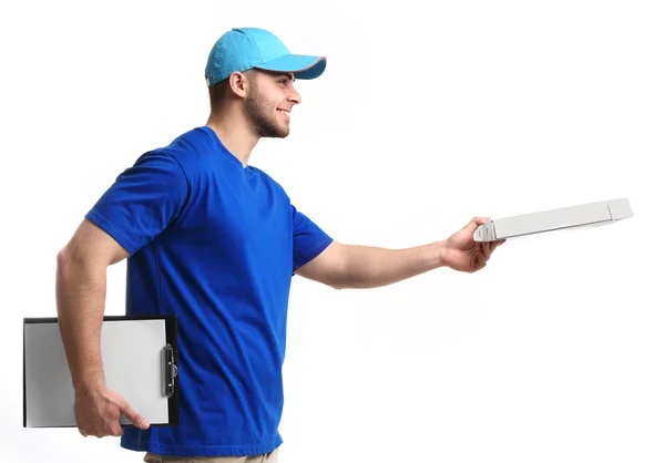 Young man giving pizza — Stock Photo, Image