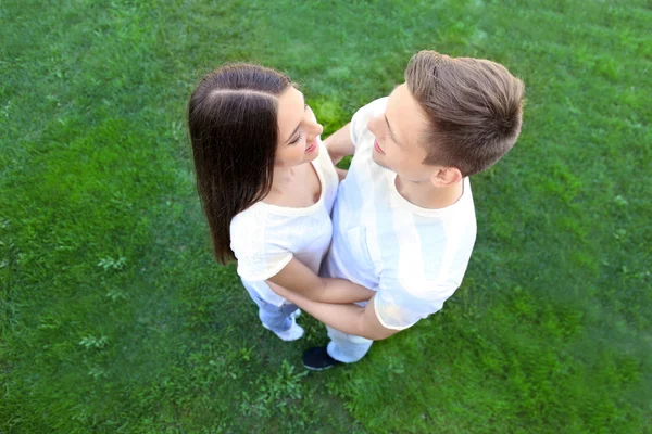 緑の草の背景に愛情のあるカップル — ストック写真