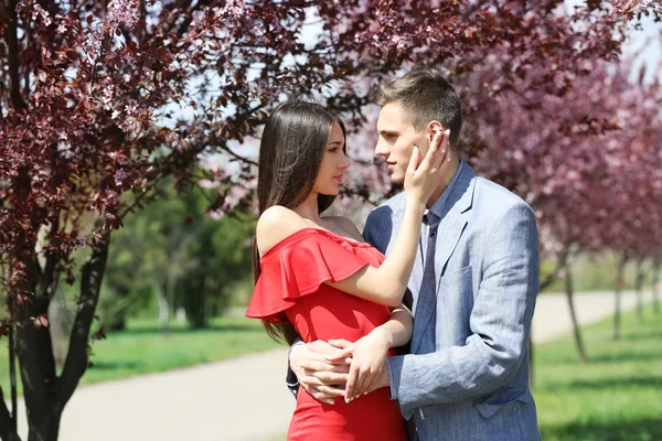 Joven Pareja Amorosa Abrazándose Parque Primavera —  Fotos de Stock