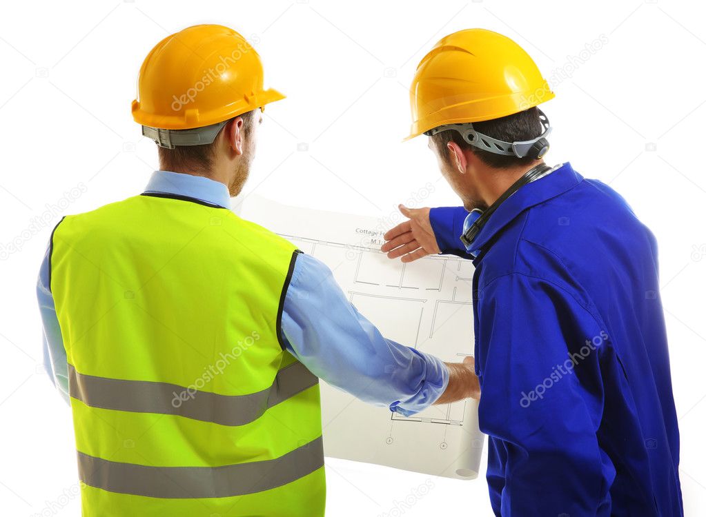 Two engineers discussing project isolated on white
