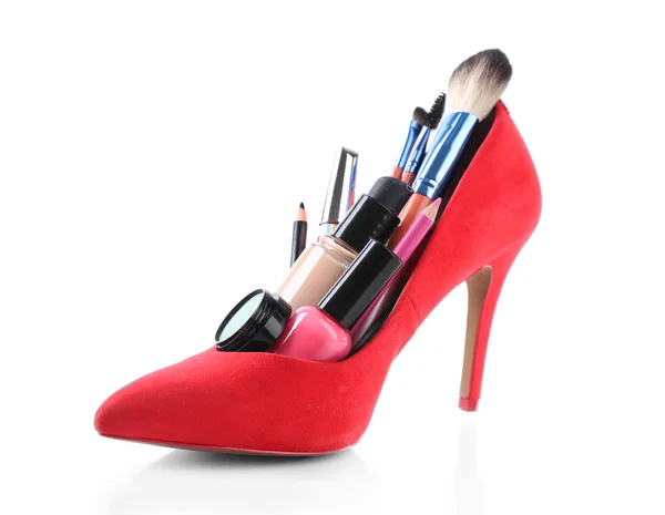 Makeup set with red woman's shoe — Stock Photo, Image