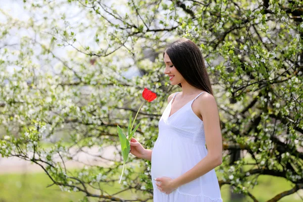 Femme enceinte avec des fleurs — Photo