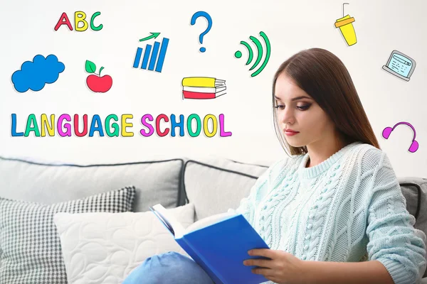 Language school concept with young woman — Stock Photo, Image