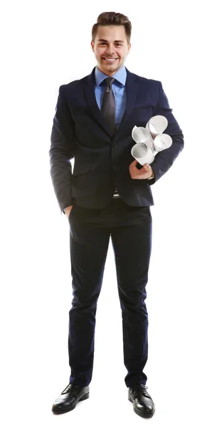 Mannen i kostym holding engineering ritningar — Stockfoto